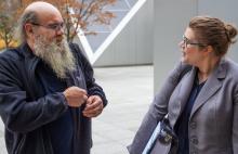 Steven Long and his attorney Ali Bilow after a State Court of Appeals hearing in Seattle on Nov. 7, 2019. Long took the city of Seattle to court when the truck he was living in was impounded. His case is now before the Washington state Supreme Court. 
