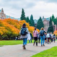UW Quad in autumn with students walking across the quad.