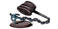 illustration of a man chained to a gavel as he tries to run away