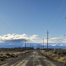 A straight road, with low brush on either side.