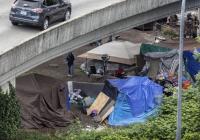a homeless encampment under an off-ramp from Highway 90 near Dearborn Street South. (Steve Ringman / The Seattle Times)
