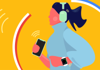 illustration of woman jogging while wearing headphones, holding her phone in her right hand, and wearing a smart watch on her left wrist